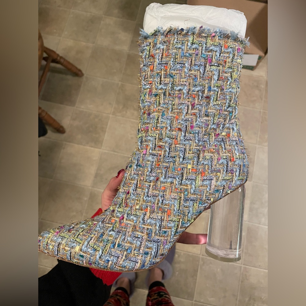 Jeffrey Campbell Multicolor Tweed Ankle Boots with Clear Block Heel